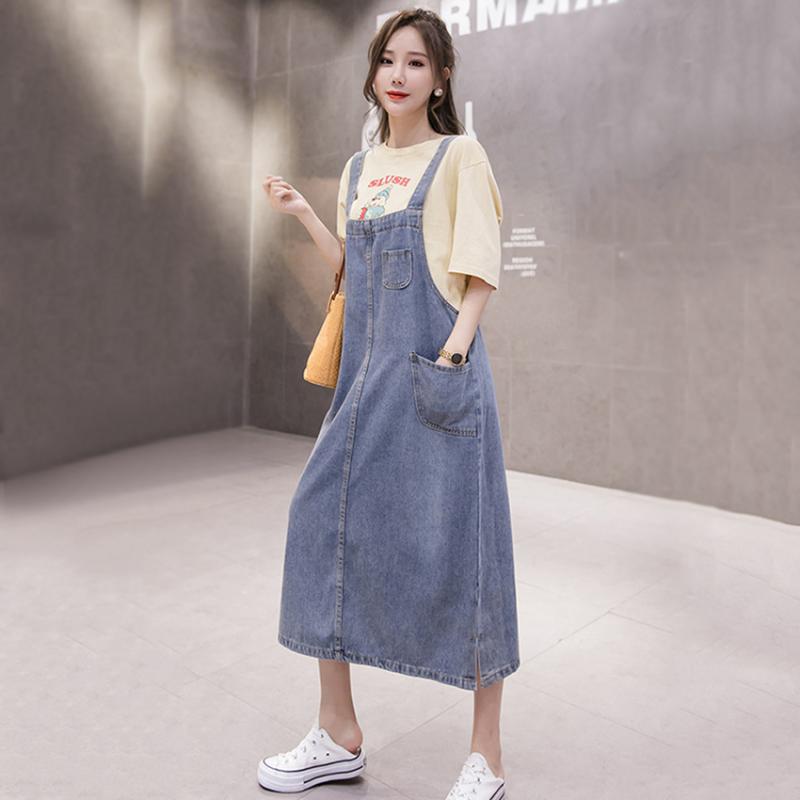 

Casual Dresses 2021 Fashion Denim Sundress 4XL 5XL Plus Size Jeans Dress Women Sleeveless Suspenders Female Overalls Robe Femme, Blue