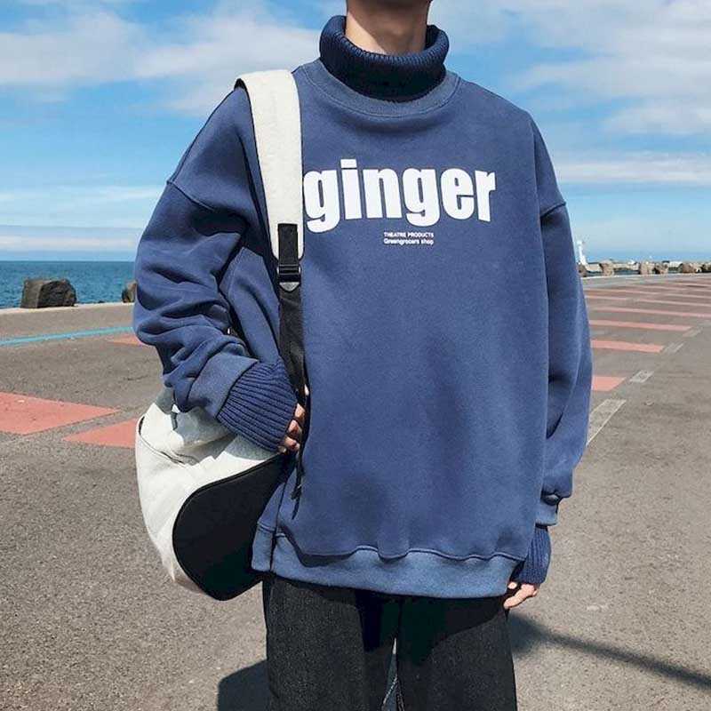 

high-necked sweater male student stitching jacket Korean version loose plus velvet thick winter men' clothing H 210526, Collar dark blue