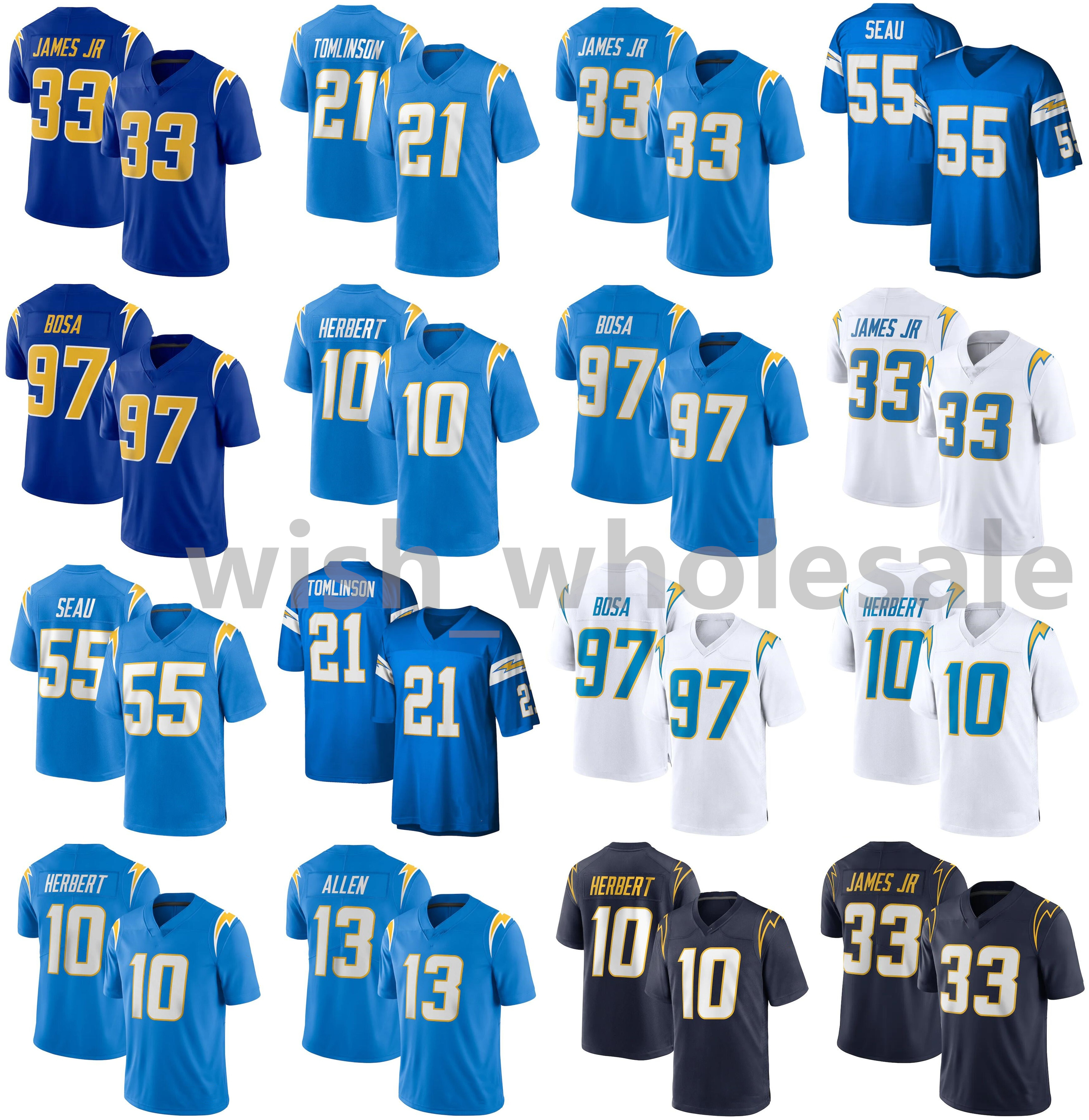 

2021 Chargers American Football Jerseys Justin 10 Herbert Jersey Derwin 33 James Joey 97 Bosa Junior 55 Seau LaDainian 21 Tomlinson Stitched Breathable Size -XXXL, As photo