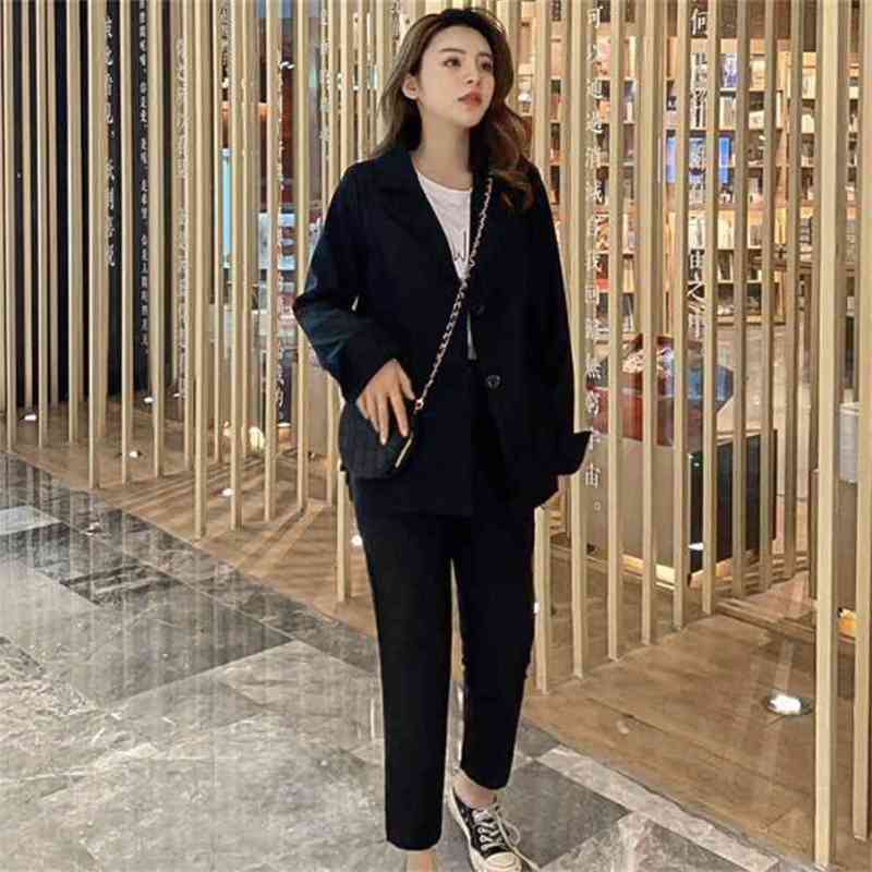 

High Quality Women Work 2 Piece Set Business Formal Double-Breasted Long Blazer Coat + Office Pencil Trousers Suit 210603, Picture color