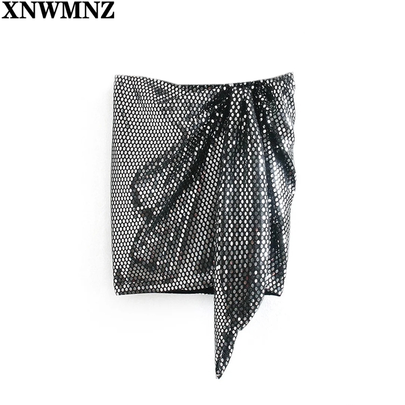 

women fashion shiny knot skirt woman Winter Glitter High Waist Sexy mini Skirts Ladies Vintage Christmas Skirt 210520, Silver