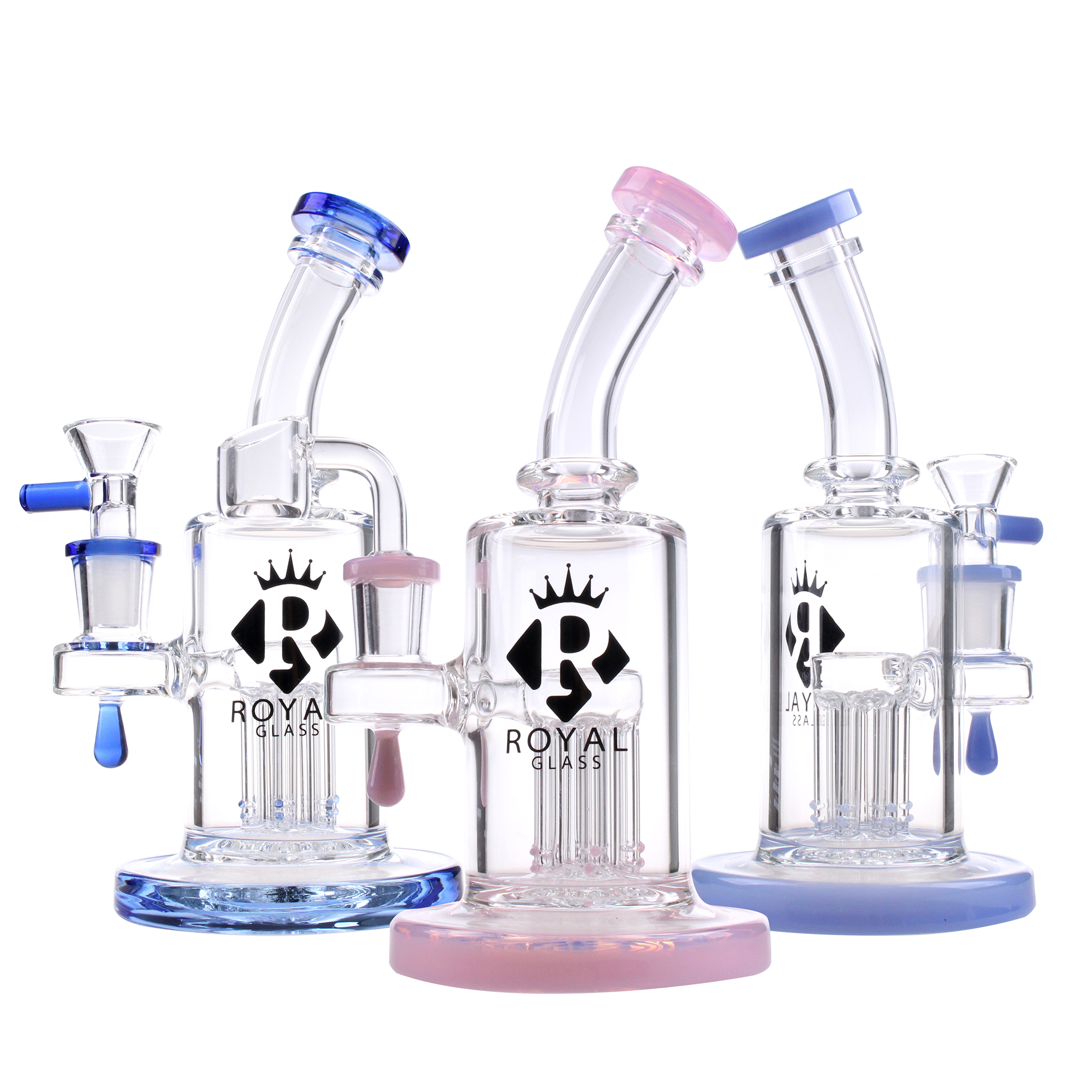 Royal Glass Water Bongs Bent Neck 6 Arm Tree / Matrix Perc Water Pipes 7 '' High Fenale 14.5mm Recycler Perc with Quartz Banger bongs-image-715704050