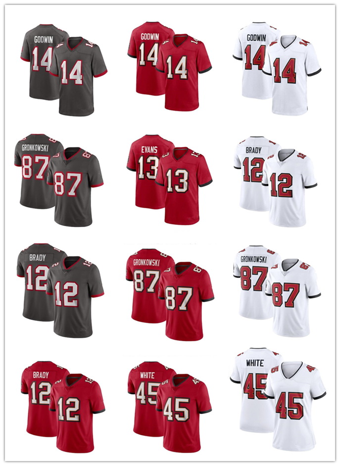 

Brady 12 Evans 13 Godwin 14 Gronkowski 87 WHITE 45 Football Jerseys 2021 Men women yakuda local online store Football wear HOT Football wear, Black;red