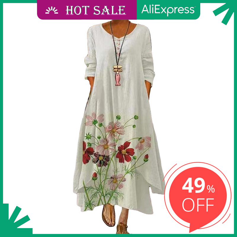 

2021 Elegant Flowers Print Long Sleeve Spring Summer Dresses Casual O Neck Loose Women Dress Vintage Party Vestidos Long Dresses, 17