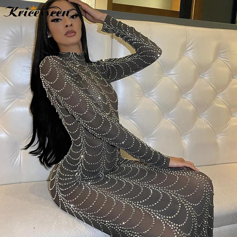 

Casual Dresses Kricesseen Sexy Black Glitter Crystal Maxi Dress Women Long Sleeve Mesh See Through Party Clubwear Vestidos