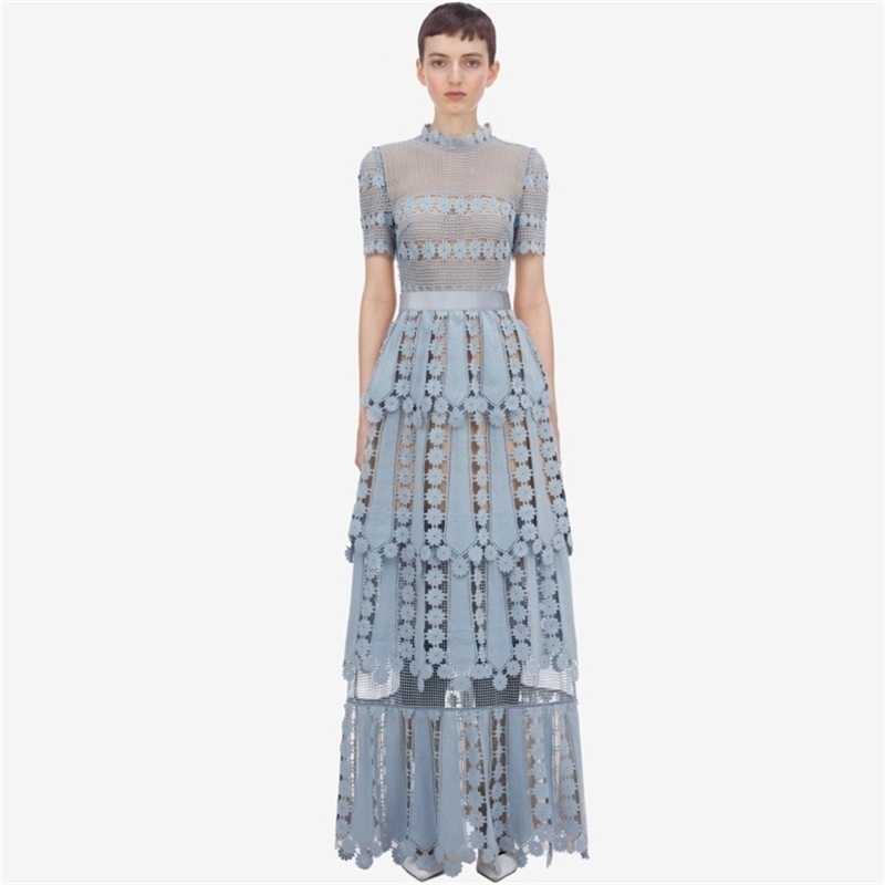 

High Quality Summer Blue Lace Maxi Dress Women Short Sleeve Crochet Hollow Out Floral Ruffles Layer Cake Long 210603, Picture color