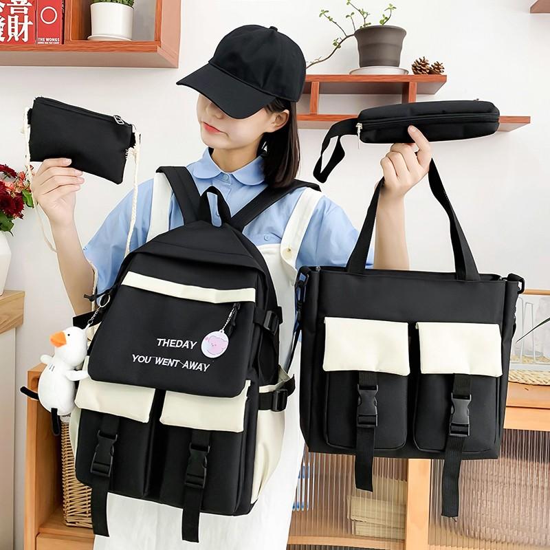 

School Bags 4-piece Fashion Women's Backpack Trendy Canvas Waterproof Bag For Girls Large Capacity Backpacks With Many Pockets, Black