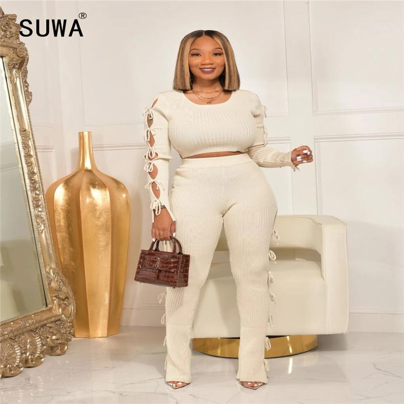 

Women's Two Piece Pants Fashion Women Set Backless Full Sleeve Lace Up Casual 2 Pieces Clothes Matching Suit, White