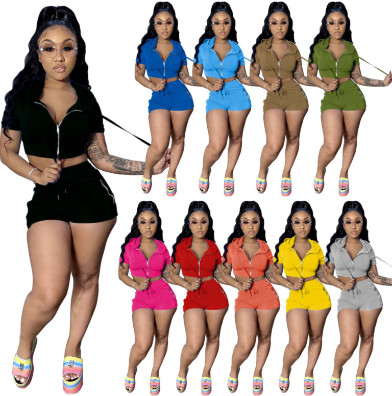

Summer outfits Jogger Suits Women tracksuits Solid Clothes Short Sleeve Hooded Jacket+shorts Two Piece Set Casual Black sweatsuits DHL 5222, Pls remark colors if need