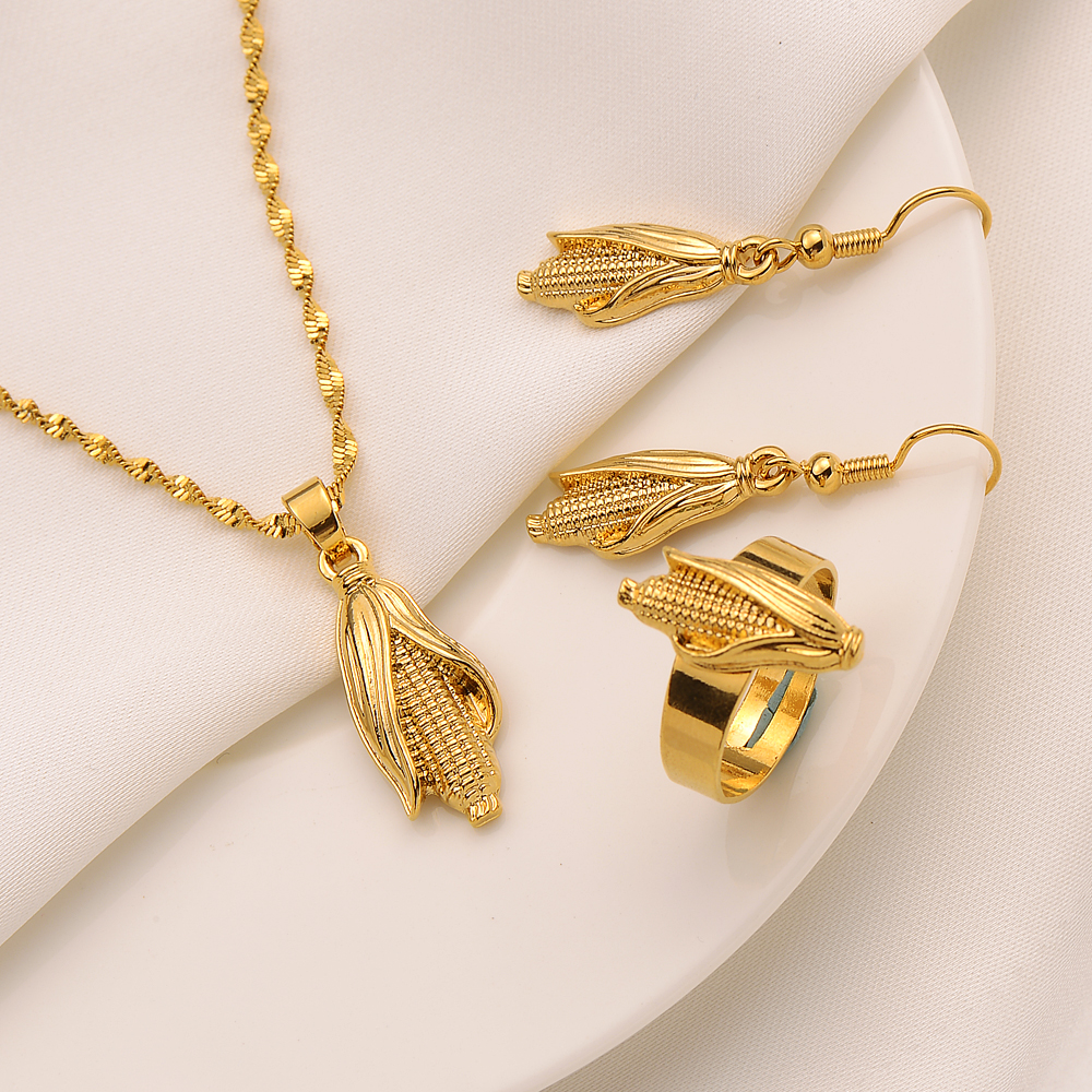 Fashion Retro Corn Pendant Necklace Earrings Charm Sets FINELY WORKED BRIGHT MADE ITALY Jewelry 9k Fine G/F Gold-image-737900303