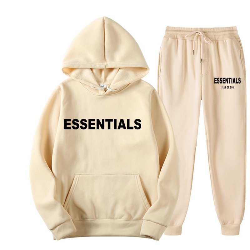 

2pcs Sport Suit Solid Color Essentials Tracksuits Hooded Pullover Sweatpants Sweatshirt Casual Pants Sets Sportswear Male Female, Ess21