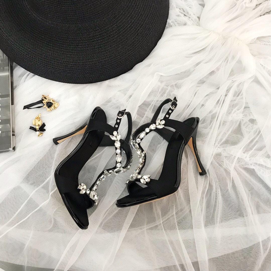 

2021 rhinestone open toe fashion sandals spring and summer leather T-shaped buckle high heels women ins, Black
