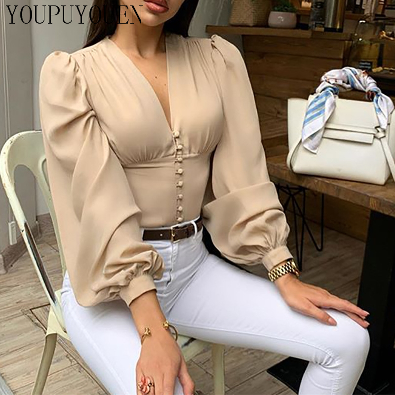 

2021 Spring Ladies Elegant Lantern Long Sleeve Blouse V Neck Crop Top Fashion Women Button Up Vintage Shirts Casual Clothing, Khaki