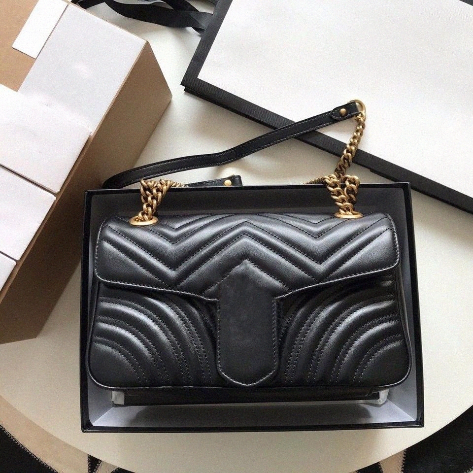 

Women Handbag Original box Bag Date Code Genuine Leather Purse shoulder cross body messenger bags Marmont designer chain flat black 23cm y14l#, For consultation