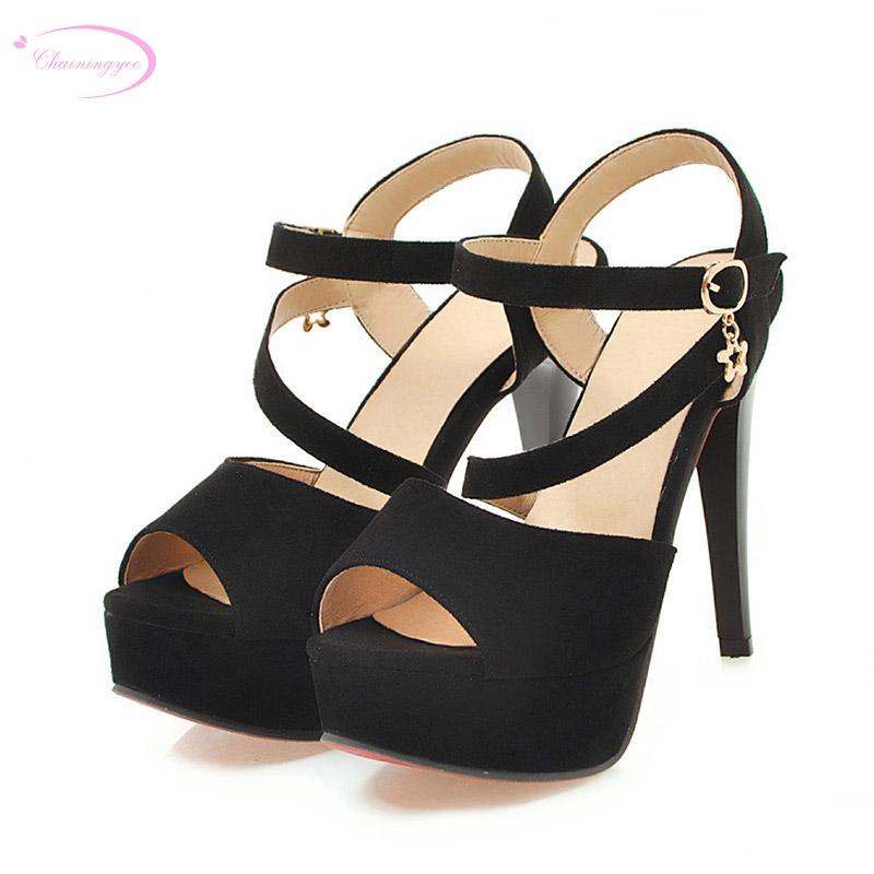 

Chainingyee Party Style Sexy Peep Toe Summer Sandals Fashion Belt Buckle Metal Decoration Platform High Heel Women's Shoes, Black