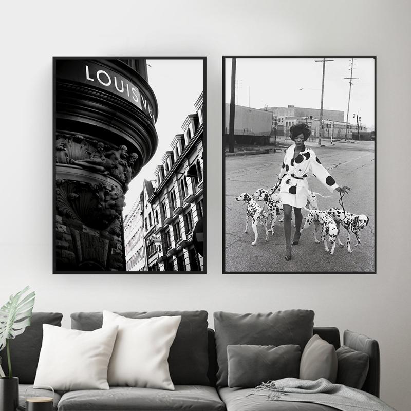 

Paintings Fashion Paris Brand Poster And Print Model With Dog Wall Art Canvas Painting Black White Pictures For Living Room Home Decor
