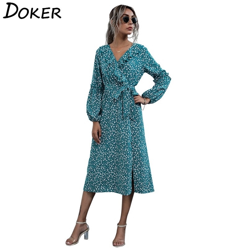 

Floral Midi Dresse Spring Fashion Ruffle With Belt V-neck Split Long Sleeve Plus Size Casual Boho Beach Dress Vestidos 210604, Navy blue