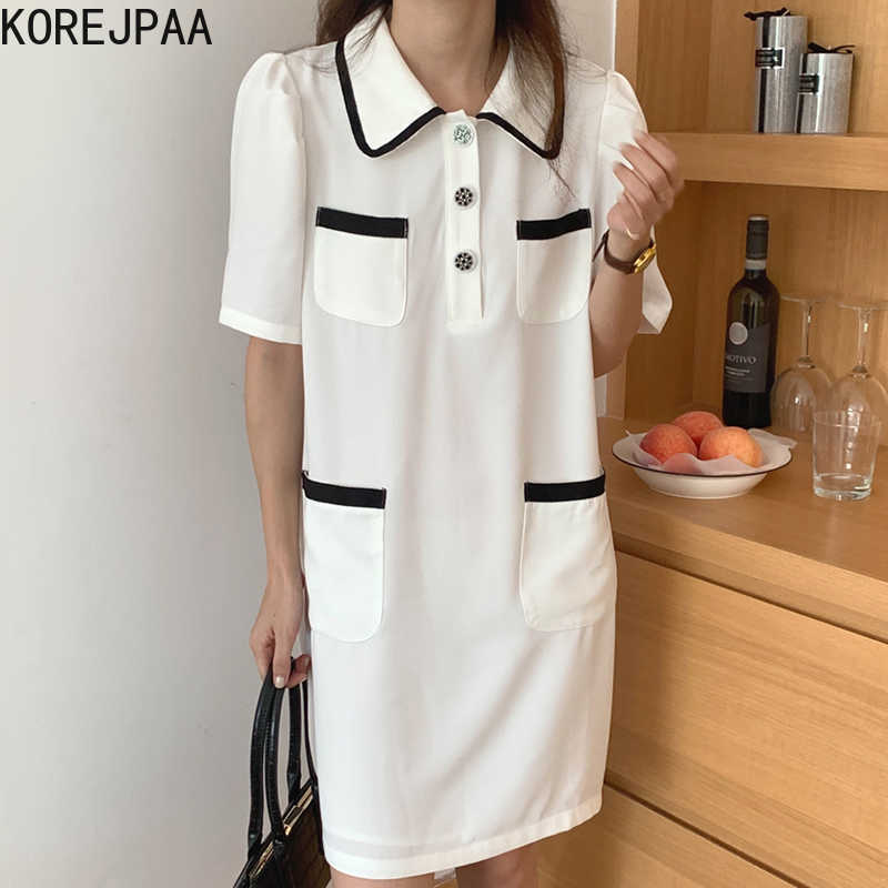 

Korejpaa Women Dress Summer French Lapel Contrast Color Edging Three-Button Multi-Pocket Straight Short-Sleeved Vestidos 210526, White