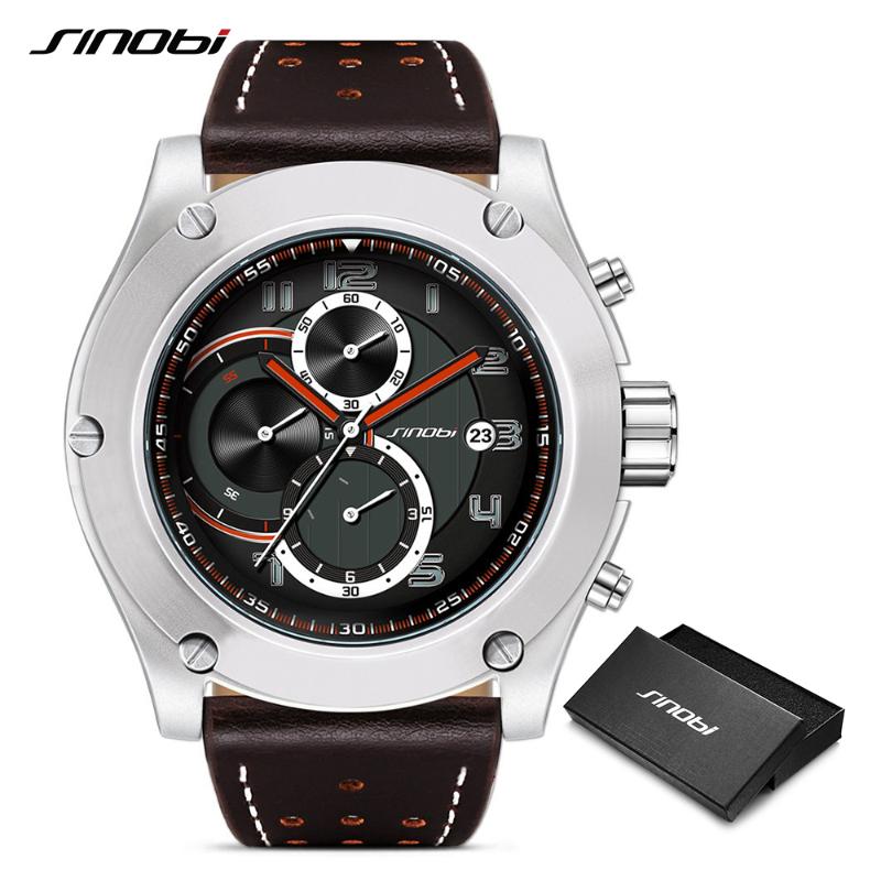 

Wristwatches SINOBI Brand Sport Men Watch Luxury Male Leather Waterproof Chronograph Quartz Clock Military Wrist Saat Gift, Black