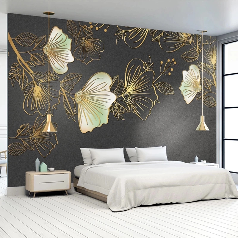 

Custom Photo Wallpaper Walls 3D Golden Embossed Flower Leaf Luxury Living Room TV Background Wall Mural Modern, Grey
