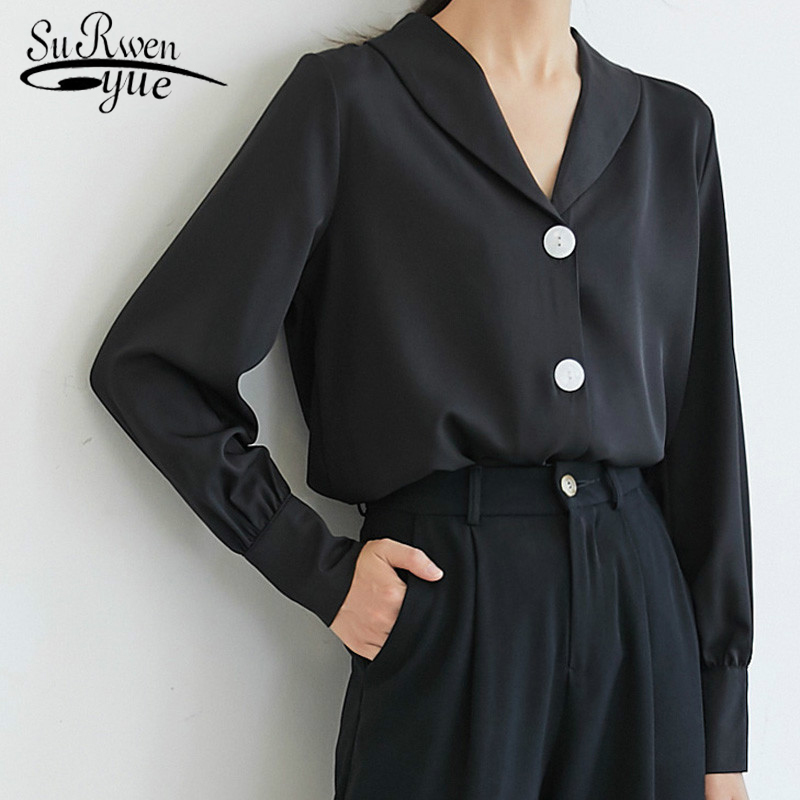 

Casual Black V-collar Long Sleeves Chiffon Shirts Korean Style Women Blusas Mujer De Moda Lantern Sleeve Tops 6456 50 210521