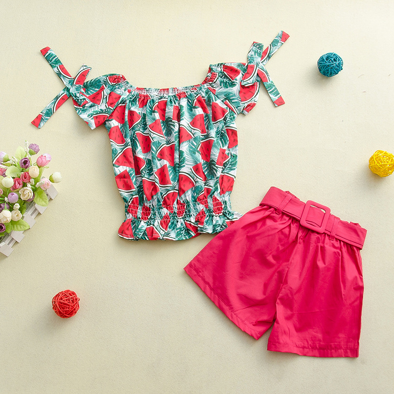 

2Pcs Toddler Kids Baby Girls Outfits Clothes Sets 2-7Y Flowers Print Off Shoulder Tops Shorts Pants 2 Colors C0225 2608 Q2, Red