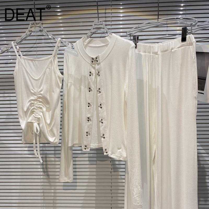 

DEAT Women Knitting Drawstring Round Neck Long Wide Leg Pants Arrivals Two Piece Set Fashion Spring Summer 11D131 210709, Rose pink