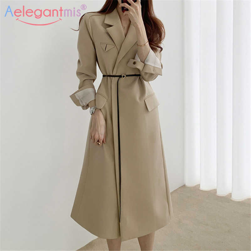 

Aelegantmis Korean Casual Loose Sashes Long Blazer Trench Women Office Lady Coat with Belt Female Elegant OL 210607, Khaki