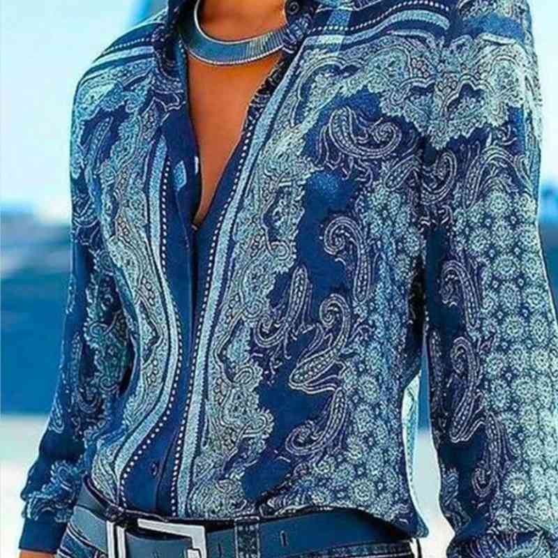 

Boho Large Size Women Shirt Floral Turn-down Collar Long-Sleeved Printed Autumn Spring Female Casual Blouse 210603, Blue