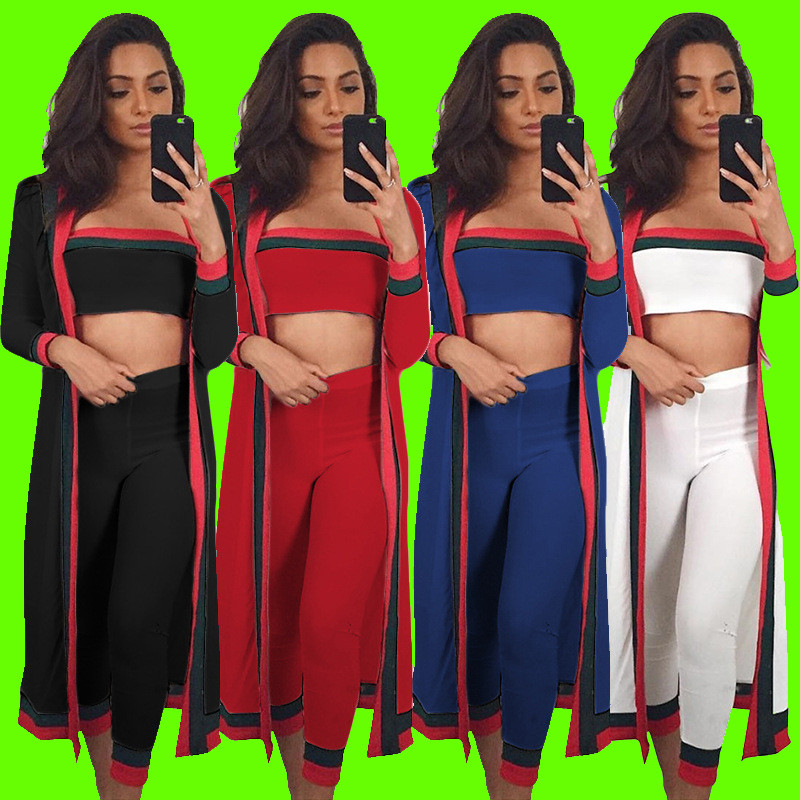 femme habillée robes décontractées noire rayé 3 pièces costume tenue tenue longue manchette sans bretelles BodySuit Femmes Vêtements Ensembles Co