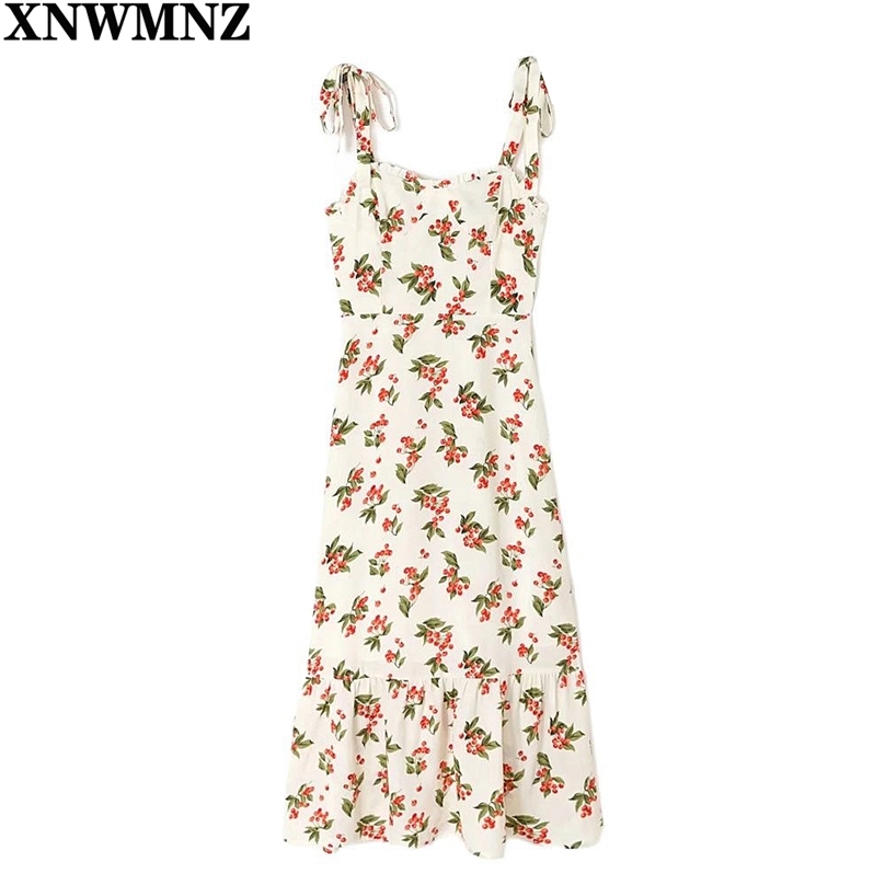 

summer women's dress Cherry Print Adjustable Straps Dresses France Chiffon Vestido Fashion Ruffles Women Tank Dress 210520, Multi