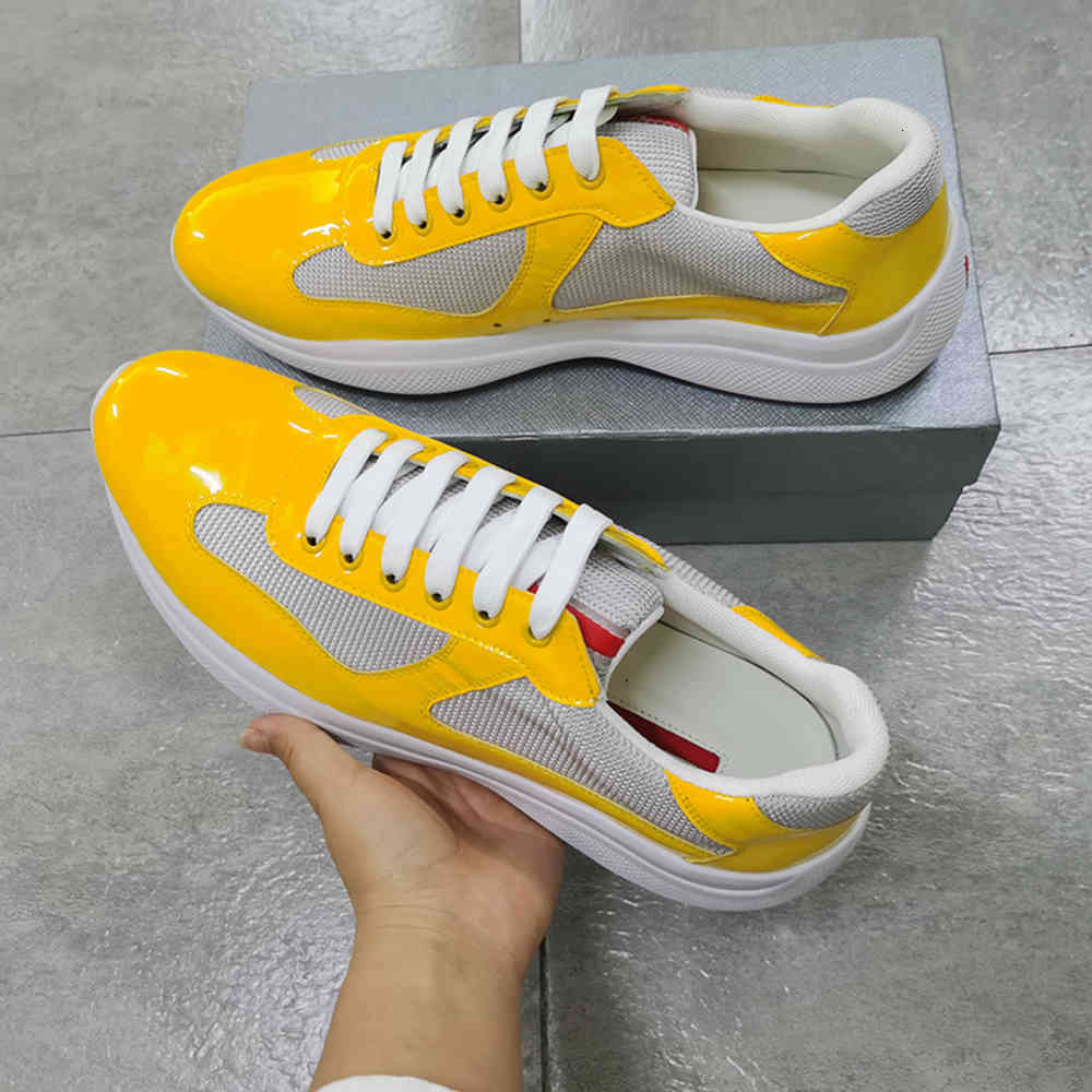 

America'S Cup Bike Fabric Sneakers Yellow Patent Leather Shoes Flat Trainers Rubber trim Designer Sneaker Mesh Lace-up Nylon Casua yemianbu, Color 1