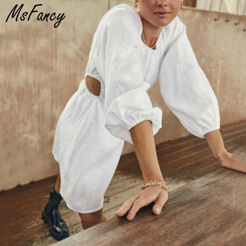 

Msfancy Summer Wihte Linen Dress Women Sexy Waist Hollow Out Design Vestido De Mujer Three Quarter Sleeve Robes 210604, White