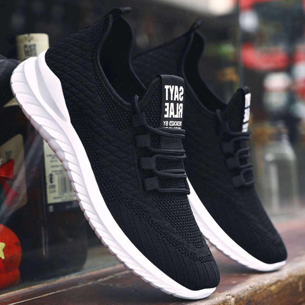 

Casual shoes WB74 Sports 2021 spring new men's trend flying lace running breathable Korean fashion shoes LFUF, Black