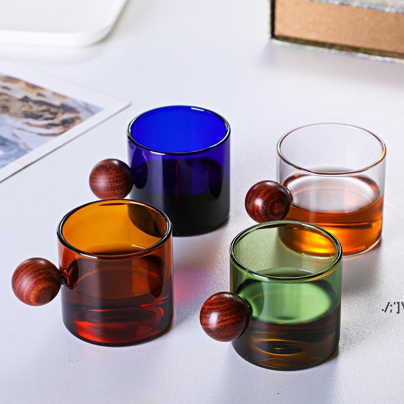 

120ml Glass Mugs Coffee Cup Color Transparent Tea Cup Water Cups with Wooden Handle Heat and Cold Resistance PAB12098, As picture