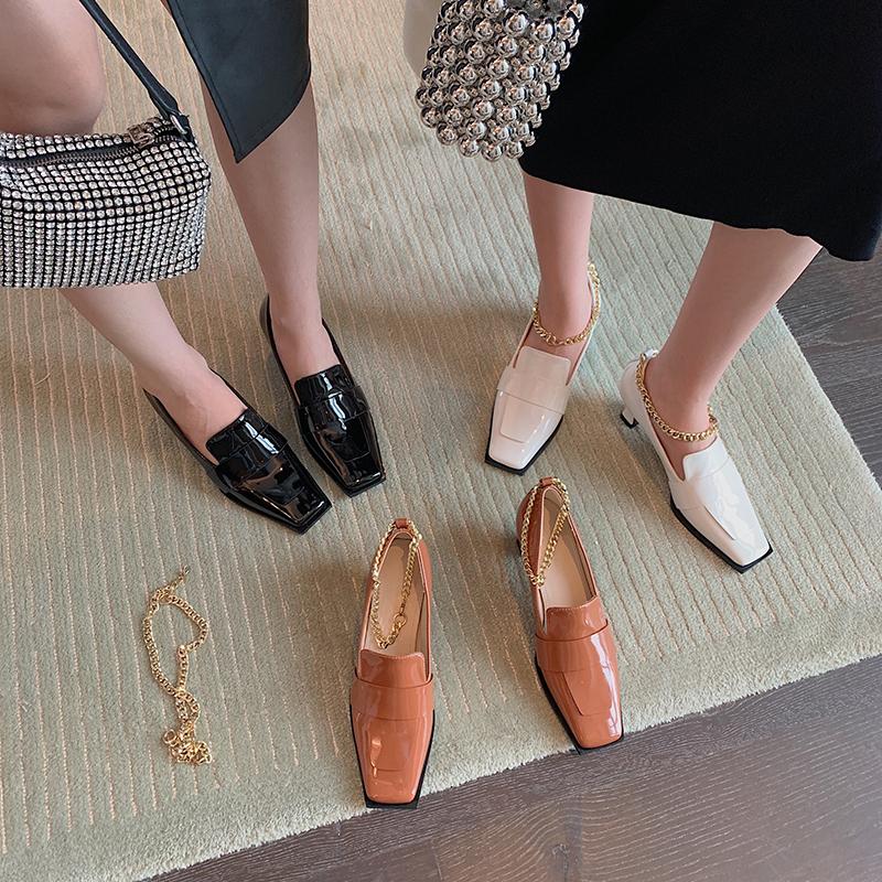 

Dress Shoes Patent Leather Women Pumps Shallow Slip On Mules Thin Mid Heels Black White Brown Autumn Spring Ladies