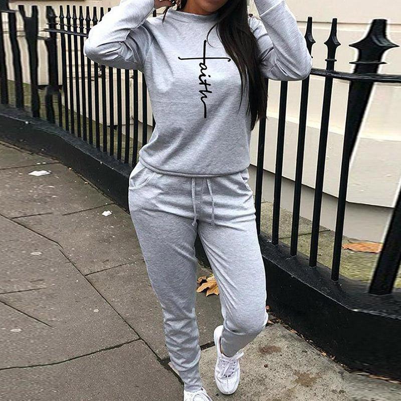 

Women's Two Piece Pants Winter Loose Casual Tracksuits O Neck Letter Printed Pullover Sweatshirt + Drawstring Sportswear Women Autumn Simple, 01 gray