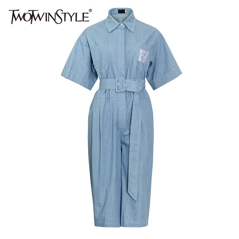 

Blue Casual Jumpsuit For Women Lapel Short Sleeve High Waist Sashes Slim Straight Wide Leg Jumpsuits Female Fashion 210521, Beige