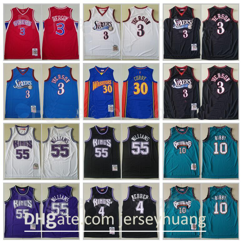 

New Basketball Allen Iverson Jersey 55 Chris Webber 3 Jason Williams 4 Michael Mike Bibby 10 Stephen Curry 30 Throwback Vintage High, 3 black