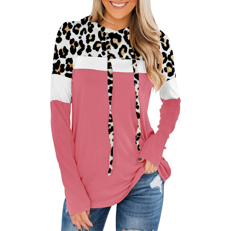 

Women's Hoodies new style leopard print fashion stitching long-sleeved hooded sweater topW, Black