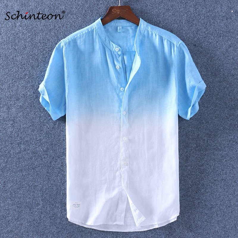 

Men's Gradient Men Short Sleeves Casual Summer Cotton Linen Slim Tees for Males Stand Collar Comfortable Shirts, Sky blue