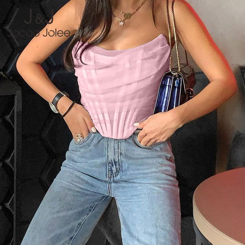 

Jocoo Jolee Women Mesh Sleeveless Summer Street Strapless Corset Crop Tops Backless Irregular Zipper Solid Tops Party Club 210518, Pink