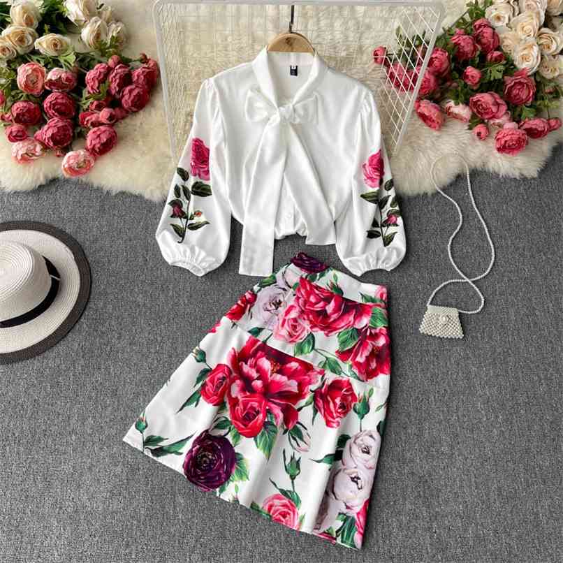 

Summer Runway Design Elegant Flower Printted Shirt Skirt 2 piece Set Female Bow collar + A-line Suits Office Outfits 210602, White