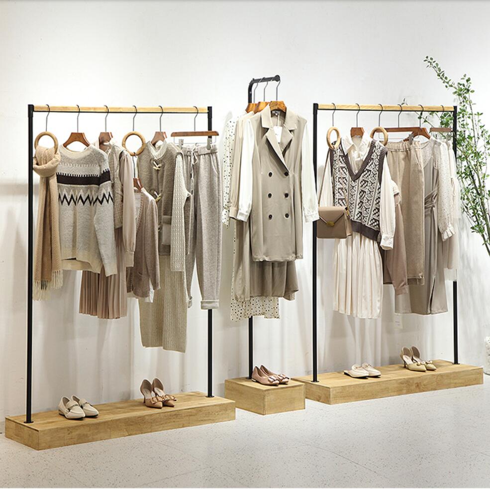Light retro clothing store display rack landing in the middle island women's cloth shop shelf cotton linen clothes hanger show props-image-713255049