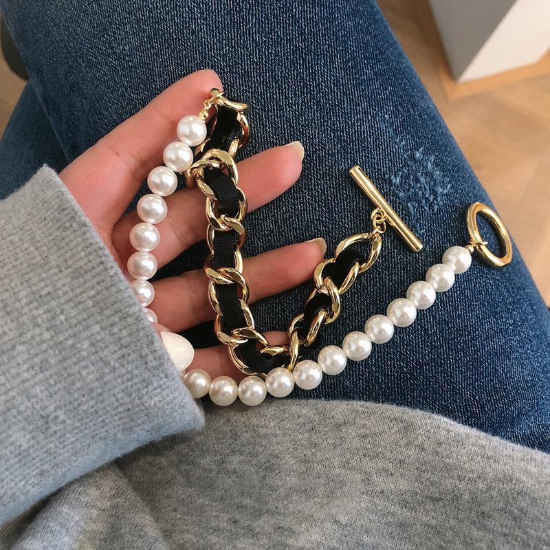 

Pendant Necklaces Korean Retro Geometric Pearl Flannel Chain Stitching T-shaped Buckle Necklace Ins Street Cool Handsome Hard Girl Clavicle