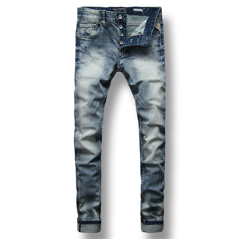 

Men's Jeans Italian Fashion Men Retro Light Gray Blue Elastic Cotton Slim Fit Ripped Vintage Designer Denim Buttons Pants, Retro gray blue