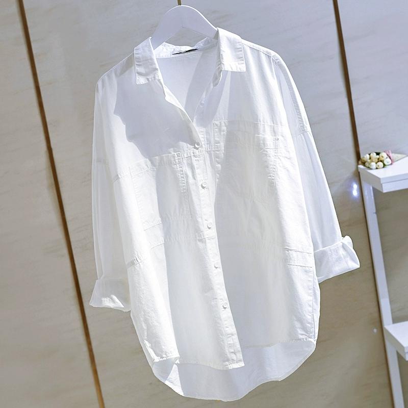 

Women's Blouses & Shirts Lucyever Oversize 2021 White Loose Casual Long Sleeve Cotton Blouse Ladies Korean Unisex Double Pocket Woman Tops