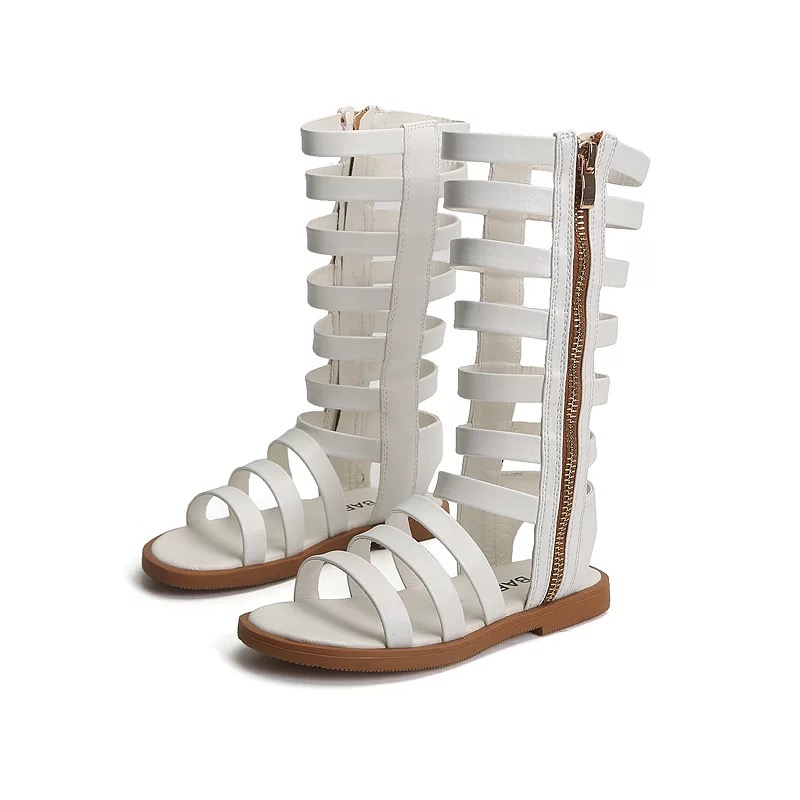 

Girls Sandals Hollow Leather Knee High Boots Narrow Band Gladiator Sandal Fashion Childrens Shoes Kids Flat Sandalias Botas, White
