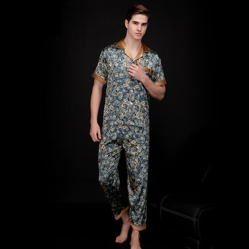 

Men's Sleepwear Mens Paisley Silk Pajamas Set Summer Short Sleeve Satin Male Plus Size Loose Dressing Gown Nightgown, Gray