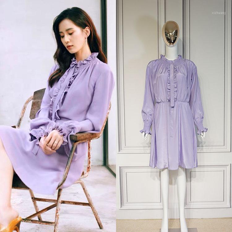 

Casual Dresses Spring Autumne Romance Color Solid One Piece Chiffon Dress Elastic Waist Folds Ruffles Robe Vestido Lady, Lavender